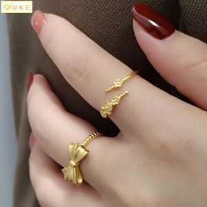 Anéis de casamento abertos cópia pura real 18k ouro amarelo 999 24k em um pequeno número de namoradas de alta classe feminino simples anel liso cor sólida f 231218