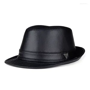 Berets 2023 homem de alta qualidade couro genuíno chapéu formal jazz cavalheiro pele de vaca borda curta preto/marrom topo masculino mostra executar