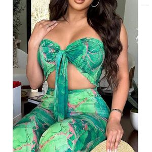 Women's Two Piece Pants Wepbel Beach Tops 2 Outfits Marble Print Tube Top Lace-up Sets Women Summer Shirred Crop  High Waist Set