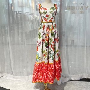 Fancy Dress Womens Red and White Cotton Vegetable Printing samlade midja ärmlös fitflare cami midi klänning