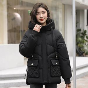 女性のトレンチコート冬のパッド入りジャケットショート韓国ファッションフード付き温かい白いパンコート長袖