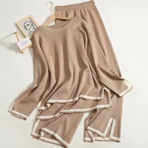 Elegant O-neck Side Slit Pullover Long Sleeve Sweaterwide Leg Pants 2 Piece Sets Womens Autumn Solid Color Casual Sweatshirts 240115