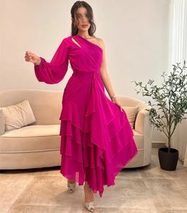 One-Shoulder Evening Party For Women Fashionable Long Sleeve Chiffon Mordern Ankle-Length Tiered