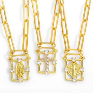 Pendant Necklaces Gold Plated Thick Chain Virgin Mary Necklace For Women Zircon Cross Square Hollow Protection Catholic Christian Jewelry