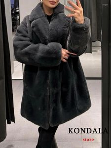 Women's Fur KONDALA Vintage Gray Faux Long Coats Women V Neck Sleeve Thick Oversized Jackets Fashion 2024 Elegant Outwears