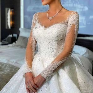 2024 Gorgeous A Line Wedding Dress O-neck Beading Long Illusion Sleeves Lace Up Bridal Party Gown Custom Made For Woman Vestido De Noiva Robe Mariage