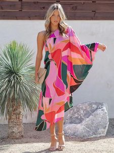 Dresses 2023 Boho Printed One Shoulder Caftan Asymmetrical Midi Dress Plus Size Women Summer Clothes Beach Wear Swim Suit Cover Up A1222