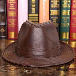 Berets Male Genuine Leather Jazz Hat Adult Fedoras Sheepskin Cap Elderly Quinquagenarian Cowboy B-7284