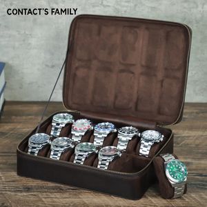 Watch Boxes Cases High end Leather Box for Men Storage Zipper Bag Organizer Luxury Retro Crazy Horse Skin Fall Prevention 10 Slot Collect 231216