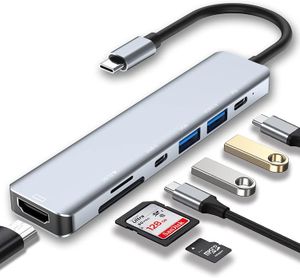 Hubs USB C Hub 7 em 1 adaptador com 4K HDMI, 2 portas TypeC, leitor de cartão SD/TF, compatível com MacBook Pro Air Laptop suporta 100W F