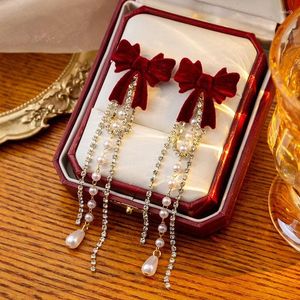 Dangle Earrings Vintage Wine Red Velvet Bow Cute Drop Fine Fashion Imitation Pearl Crystal Tassel Long Earring For Women Jewelry