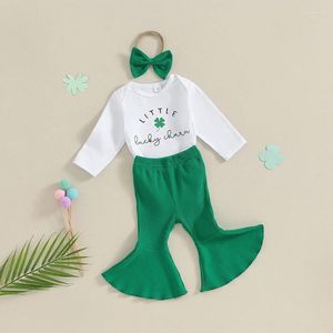 Zestawy odzieży niemowlę dziewczynkę St Patricks Day Strój Romper Romper Knitted Green Clover Print Flare Pants 2pcs Zestaw