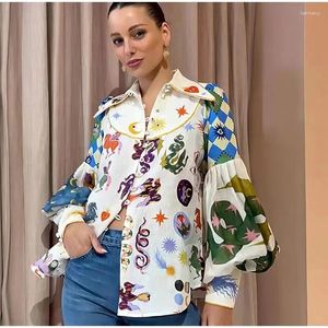 Camicette da donna 2024 Spring Button Down Lantern Sleeve Retro Shirts Basic Basic Elegant Mujer Boho