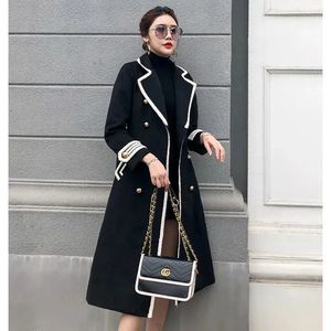 Womens Wool Blends White Woolen Coat Women Midlength AutumnWinter Jacket British Hepburn Thicken Slim Black Doublebreasted Trench 231218