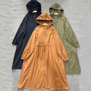 Women's Trench Coats Johnature Casual Solid Color Long Hooded Coat Women 2023 Fall Loose Lace-up Waist Fashion