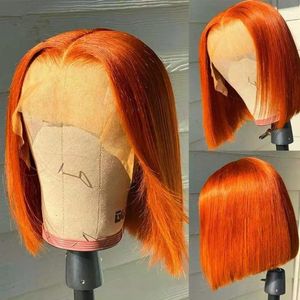Perruque Bob Lace Frontal Wig naturelle lisse et courte Orange, cheveux humains, Transparent, densité 180, 13x4, pour femmes noires