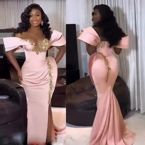 Light Pink Aso Ebi Prom Dresses High Split Sheer Neck Satin Evening Formal Dress for African Black Women Girls Birthday Party Gowns Sexy Second Reception Gown NL029