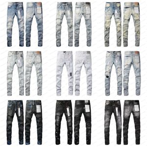 Mens Roxo Designer Jeans Moda Angustiado Rasgado Bikers Womens Denim Cargo para Homens Calças Pretas