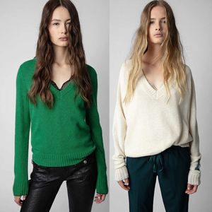 23AW Zadig & Voltaire Women's Sweaters Style ZV Classic Sleeve Letter Hanging Wool V-Neck Cashmere Knitwear Women's Sweater