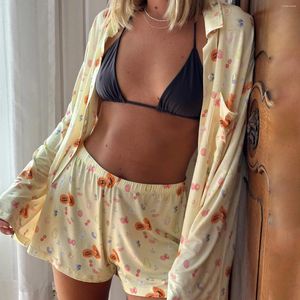 Women's Sleepwear Women Y2K 2 Piece Strawberry Fruit Pajamas Set Long Sleeve Shirt Relaxed Fit Shorts Two Pjs Outfit Lounge Sets