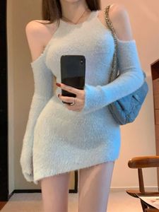 Basic Casual Dresses Autumn Bodycon Knitted Party Dress Women Casual Long Sleeve Elegant Sexy Y2k Mini Dress Faux Fur Dress Korean 231218