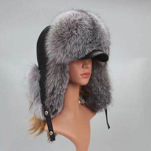 Trapper Chapéus Genuine Silver Fox Fur Hat com Ear Flaps Real Natural Fur Caps para Mulheres Russas Bomber Hats Trapper Cap com Top de Couro Real 231216