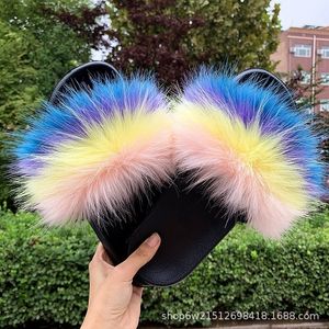 Woman Racoon 906 Slippers Fur Slides Furry House Women Shoes Mules Fluffy Summer Sandals Plush Flip Flops Home Wholesale 2212 35 ry
