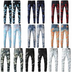 Designer dos homens New miris Jeans Estrelas Rasgado Biker Slim Hole Straight Jeans Carta Impresso Mulheres Exército Moda Calças Mens Leggings Tamanho 28-40