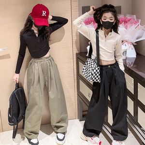 2024 Spring Big girls high waist T-shirt old kids half collar long sleeve Tees fashion teenagers loose wide-legs pants Z6137