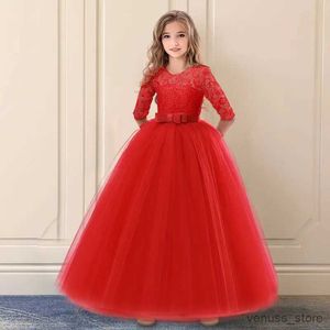 Girl's Dresses Elegant Princess Lace Dress Kids Flower Embroidery Dresses For Girls Vintage Children Dresses for Christmas Party Red Ball Gown