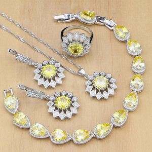 Set Set di gioielli Suower Sier Pietre di zirconi gialli Cz bianchi per le donne Set di orecchini/pendente/anelli/braccialetto/collana da sposa