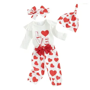 Conjuntos de roupas infantil menina dia dos namorados 4pcs outfit manga longa macacão com calças de impressão de coração e chapéu headband conjunto