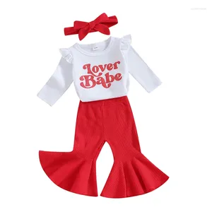 Kläduppsättningar småbarn baby flickor outfit brev tryck romer röda blossade byxor pannband 3 st vita långärmade kläder