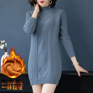 Suéter feminino outono inverno quente gola alta vestido coreano solto malha senhoras pulôveres de manga comprida 231219