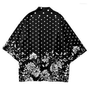 Etniska kläder svart blomma tryck samurai skjorta traditionella haori kimono kvinnor män japanska asiatiska streetwear cardigan yukata cosplay