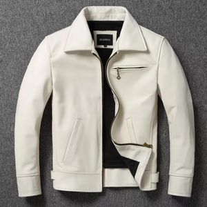 Men's Jackets Genuine Leather Jacket White Lapel Calfskin Natural Cowhide Coat Slim Fit Top Layer Biker 231219