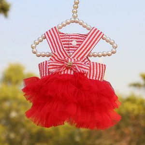 Cão vestuário tutu vestidos filhote de cachorro arco nó vestido pet princesa listrado malha roupas de natal de ação de graças