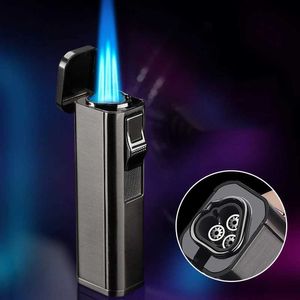 New Metal Three Torch Direct butane No Gas Turbine Lighter Outdoor Windproof Blue Flame Cigar Unusual Gift for Men