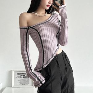 Camiseta feminina casual diagonal ombro aberto umbigo camiseta oblíqua topo de colheita para mulher