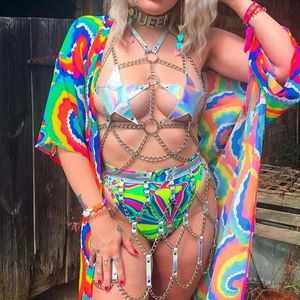 Suits 2022 Holographic Women Two Piece Set Sexy Multilay Star Tops Hollow Out Skirt Punk Clubwear Festival Rava Carnival Outfits