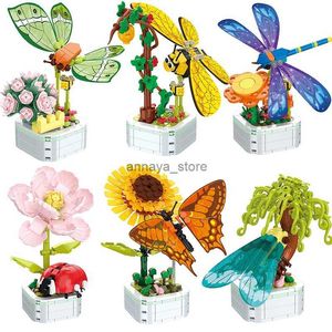 Kits de construção de modelo DIY borboleta inseto planta em vaso bonsai flor bloco rosa decoração mini bloco de construção figura brinquedo de plástico presente crianças meninas l231216