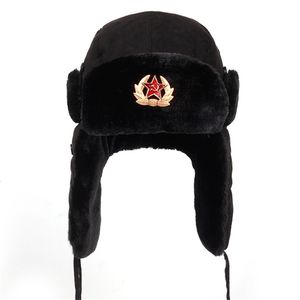 Trapper Hats Sovjet Armil Militär Badge Ryssland Ushanka Bomber Pilot Cap Winter Faux Rabbit pälar Earflap Snow Caps Hat 231219