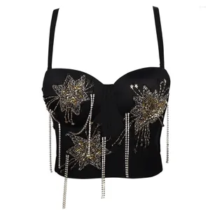 Kvinnors tankar sexiga kvinnor svart bustier bra korsett topp pärlor blommor diamanter kedja damklubb fest nattkläder för kostymer kamisol toppar