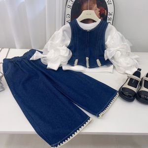 Clothing Sets Girls Clothes Fashion Children Girl Denim Jeans Vest and Wide Leg Pants Suit Kids Toddler 2 12y 231218