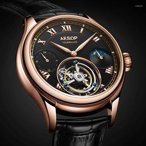 Wristwatches AESOP Real Flying Tourbillon Men's Mechanical Male Leather Gold Moon Phase Skeleton Watch Luxury Sapphire Clock Kit