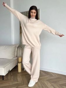 Women's Two Piece Pants Wixra Women Knitted Suits Solid Turntleneck Full Sleeve SweaterHigh Waist Straight Trousers Female 2-Piece Sets 231218