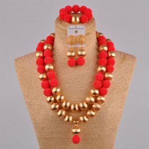 Rote afrikanische Hochzeitsperlen 24 Zoll simulierte Perlenkette nigerianischer Brautschmuck-Sets FZZ40332Y