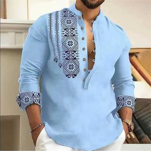 Mäns avslappnade skjortor Fashionabla 7-knappar Men's Long Sleeve Shirt Button Down Shirt Loose Henley V Neck Beach Top T-shirt Högkvalitativ materiall231218