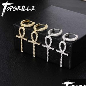 Stud Topgrillz Glacé Zircon Ankh Croix Boucle D'oreille Or Sier Couleur Micro Pavé Aaa Bling CZ Pierre Boucles D'oreilles Pour Homme Femmes Hip Hop Bijoux Dhbbl