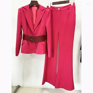 Kvinnors tvåbitar byxor Jamerary Runway Brand Set Women Suit rockar Bälte Elegant Fashion Female Blazers Wide Leg Long Long Long